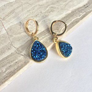 Iridescent blue druzy drop / Gold Huggie Earrings